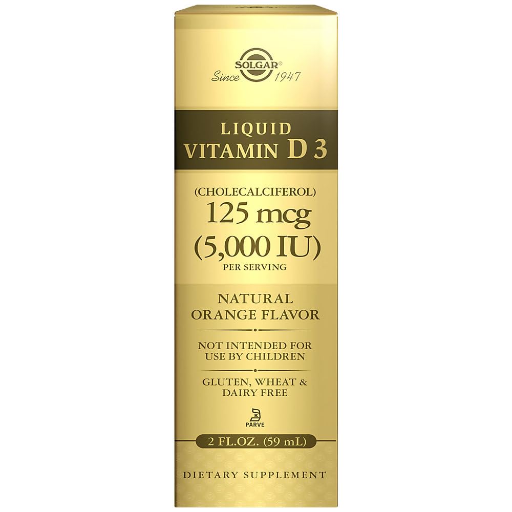 Solgar Vitamine liquide D3 125 mcg (5 000 UI), 2 fl oz - Delicious, Natural Orange Saveur - Aide à maintenir des os et des dents sains - Système immunitaire Support - Sans gluten, sans lait, sans casher - 59 portions