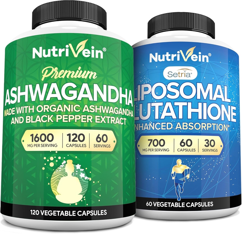Nutrivein Premium Ashwagandha & Supplément de glutathion liposomique: supplément de glutathion à haute absorption et suppléments de glutathion pour l'immunité, l'équilibre, la vitalité et la désintoxication