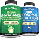 Nutrivein Premium Ashwagandha & Supplément de glutathion liposomique: supplément de glutathion à haute absorption et suppléments de glutathion pour l'immunité, l'équilibre, la vitalité et la désintoxication