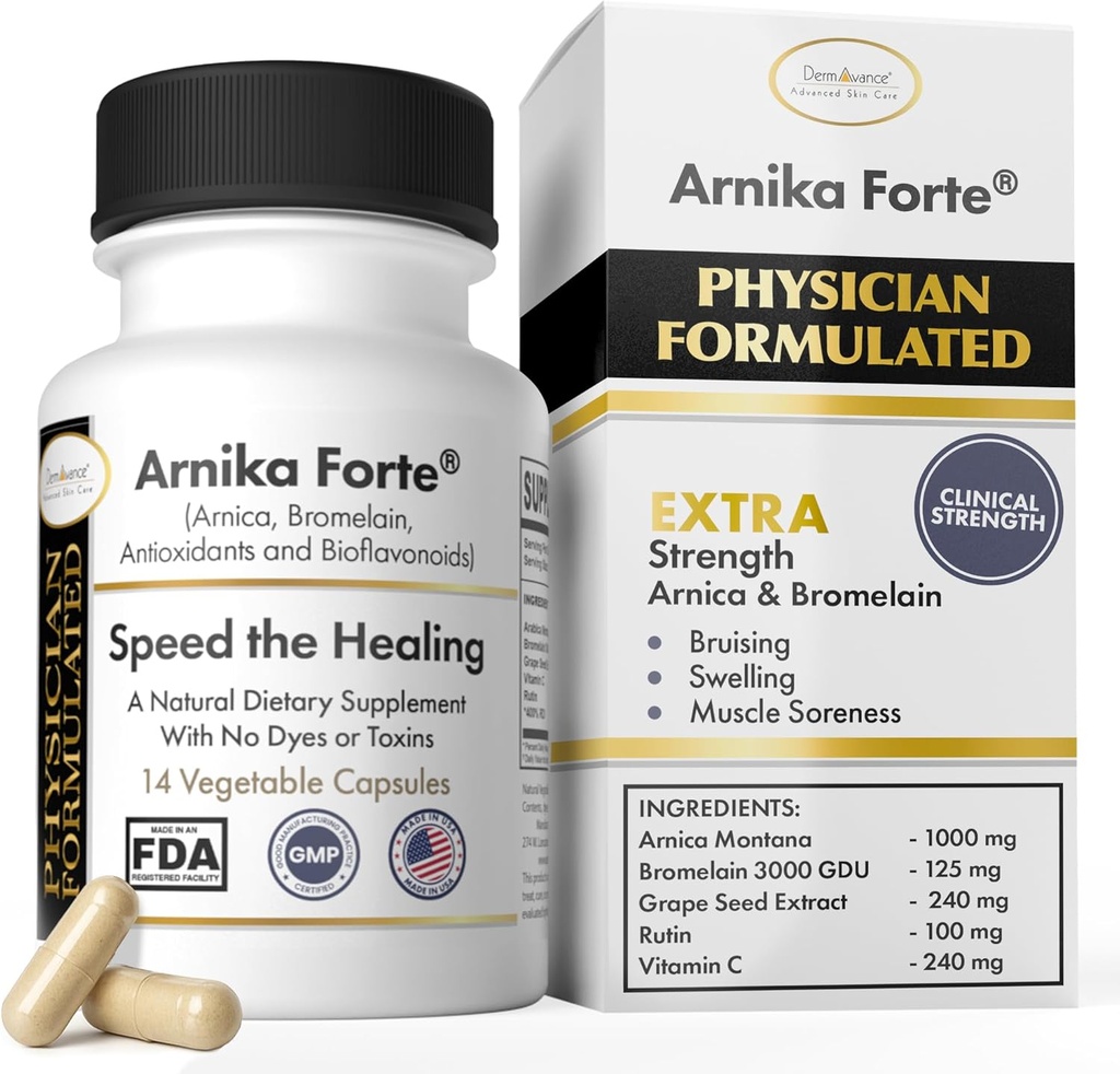 Arnika Forte Capsules – Swelling and Bruising Reducer After Surgery and Aesthetic Treatments, Antioxidants & Bioflavonoids, Arnica 1000mg, Bromelain 125mg 3000GDU - 14 Capsules