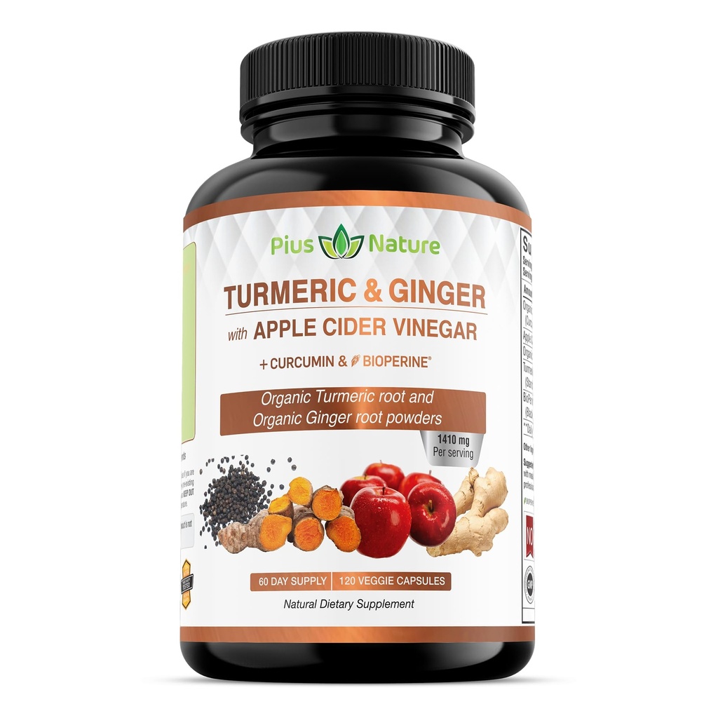 120 Capsules de poudre de racine curcuma biologique de l'USDA, de poudre de gingembre biologique de l'USDA et de poudre de vinaigre de cidre de pomme avec Curcumine (95% de curcuminoïdes) et Bioperine, 1410 mg par portion dans des capsules de légumes