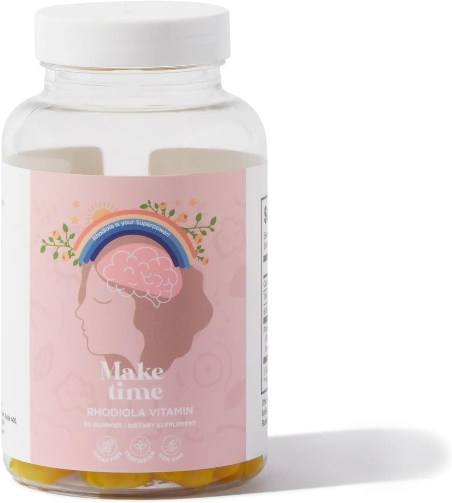 MAKE TIME Rhodiola Gommies pour la santé du cerveau et le stress des femmes Solution de maltitol, Isomalt, Pectine, acide citrique, citrate de sodium, huile végétale, cire de carnauba (30 portions)