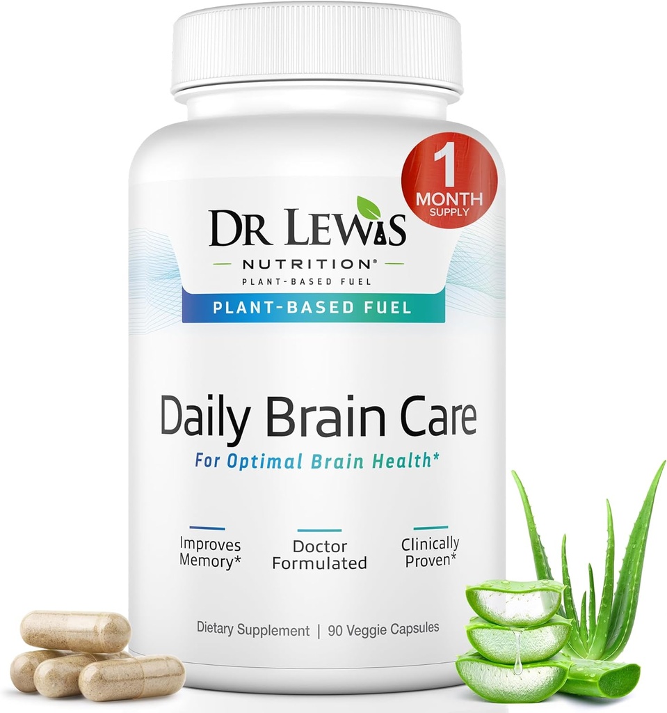 Suppléments Cerveau pour mémoire et focus – Dr Lewis Capsules de soins quotidiens du cerveau avec Aloe Vera – Supplément Nootropique et Énergie à base végétale pour le brouillard cérébral, la clarté mentale et le soutien immunitaire – 90 Capsules