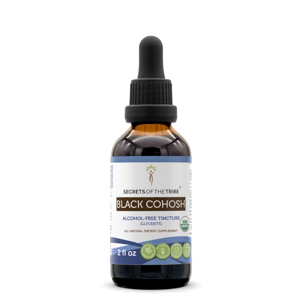 Secrets of the Tribe Black Cohosh USDA Organic..Extrait sans alcool, gouttes à base de plantes à haute puissance. Fabriqué à partir de Cohosh noir biologique 100% certifié.