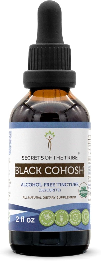 Secrets of the Tribe Black Cohosh USDA Organic..Extrait sans alcool, gouttes à base de plantes à haute puissance. Fabriqué à partir de Cohosh noir biologique 100% certifié.
