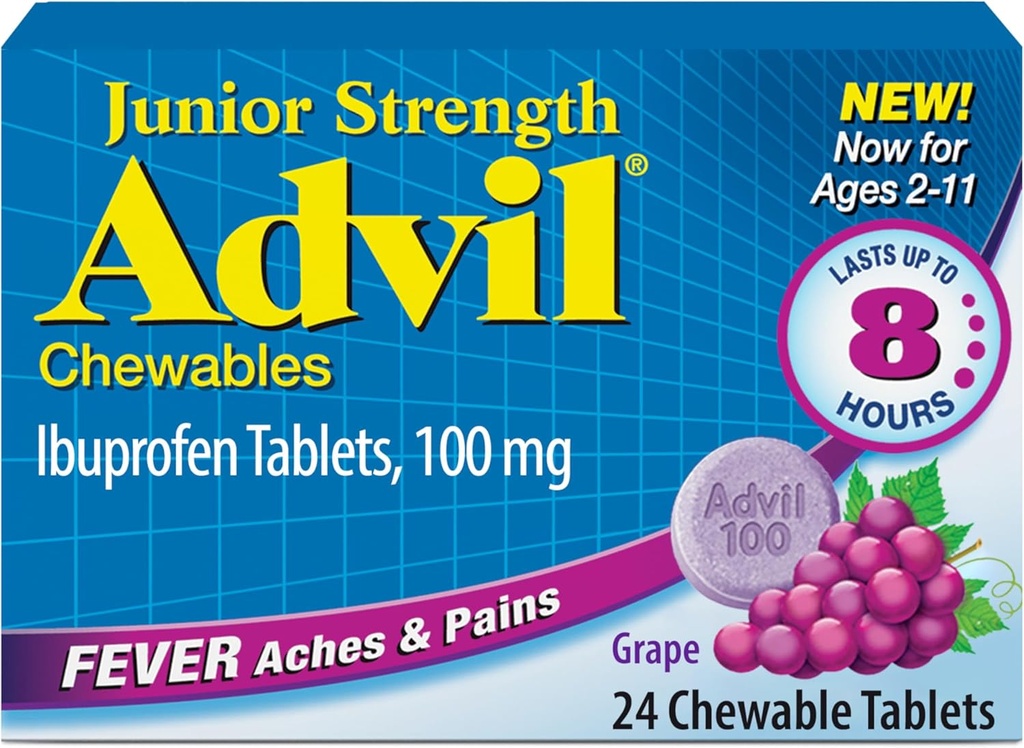 Advil Junior Strength Chewable Ibuprofène analgésique et réducteur de fièvre, Ibuprofène pour enfants pour soulager la douleur, raisin - 24 comprimés