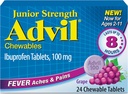 Advil Junior Strength Chewable Ibuprofène analgésique et réducteur de fièvre, Ibuprofène pour enfants pour soulager la douleur, raisin - 24 comprimés