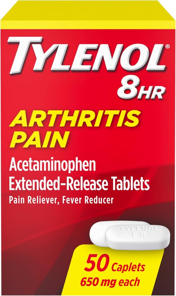 Tylenol arthrite 8 heures soulagement de la douleur comprimés à libération prolongée, 650 mg d'acétaminophène, traitement anti-douleur articulaire et réducteur de la fièvre, soulagement de la douleur orale pour l'arthrite et la douleur articulaire, 50 Compte