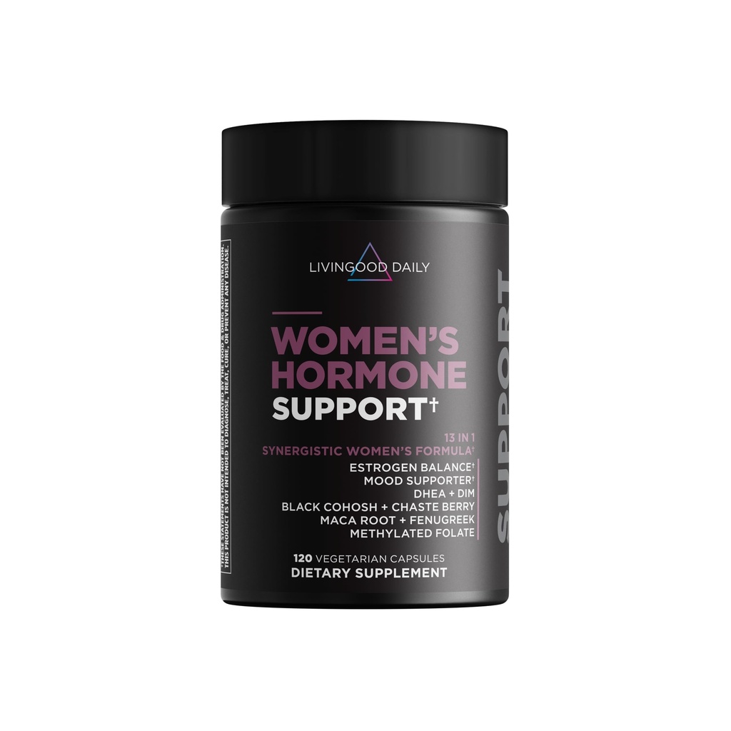 Supplément de soutien aux hormones Livingood Daily Women, équilibre estrogénique avec Fenugreek, Black Cohosh, Chasteberry, DIM, PMS et soutien à la ménopause naturels, sans OGM, sans gluten, capsules végétariennes, 120 Ct