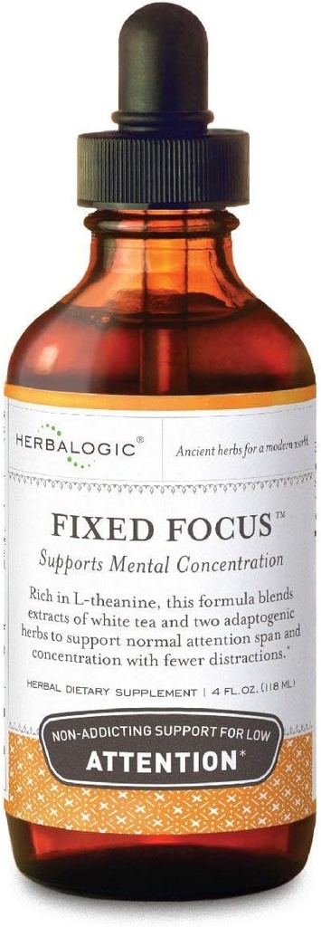 Herbalogic - Fixed Focus Liquid Herb Drops - Support non additif pour une attention accrue, concentration et focus - Contient du thé blanc, une source naturellement équilibrée de L-Theanine et caféine - 4 Fl. Oz.