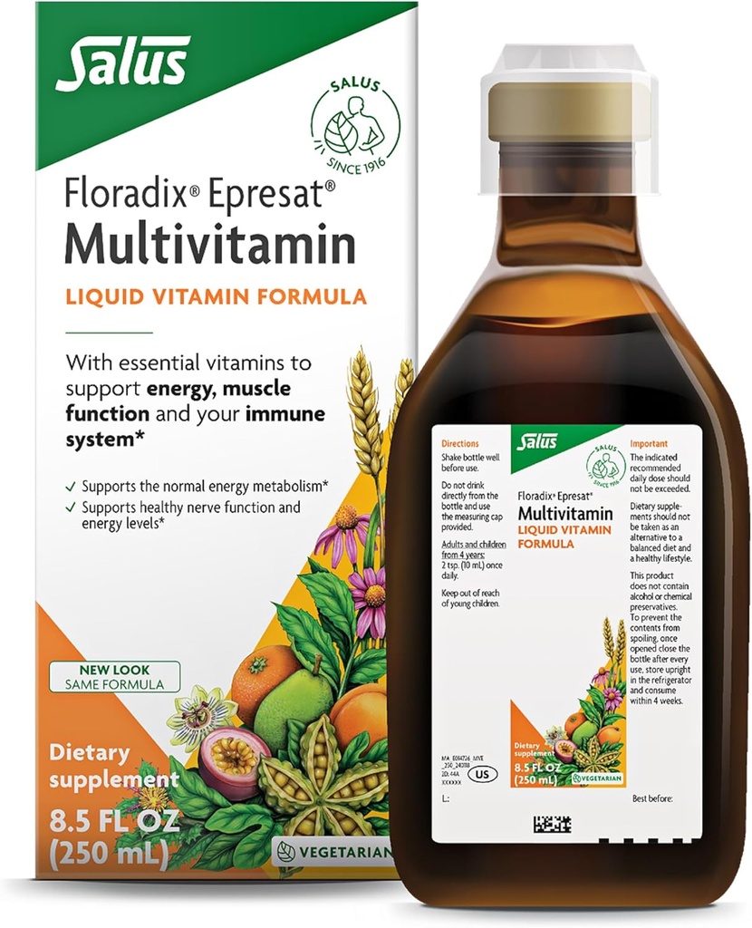 Floradix Epresat Multivitamine liquide adulte - Supplément à base de plantes - Supplément quotidien avec vitamine A, D, B6, chardon de lait et plus - Soutient l'énergie et la santé du foie - Végétarien, Non-OGM - 8,5 fl oz
