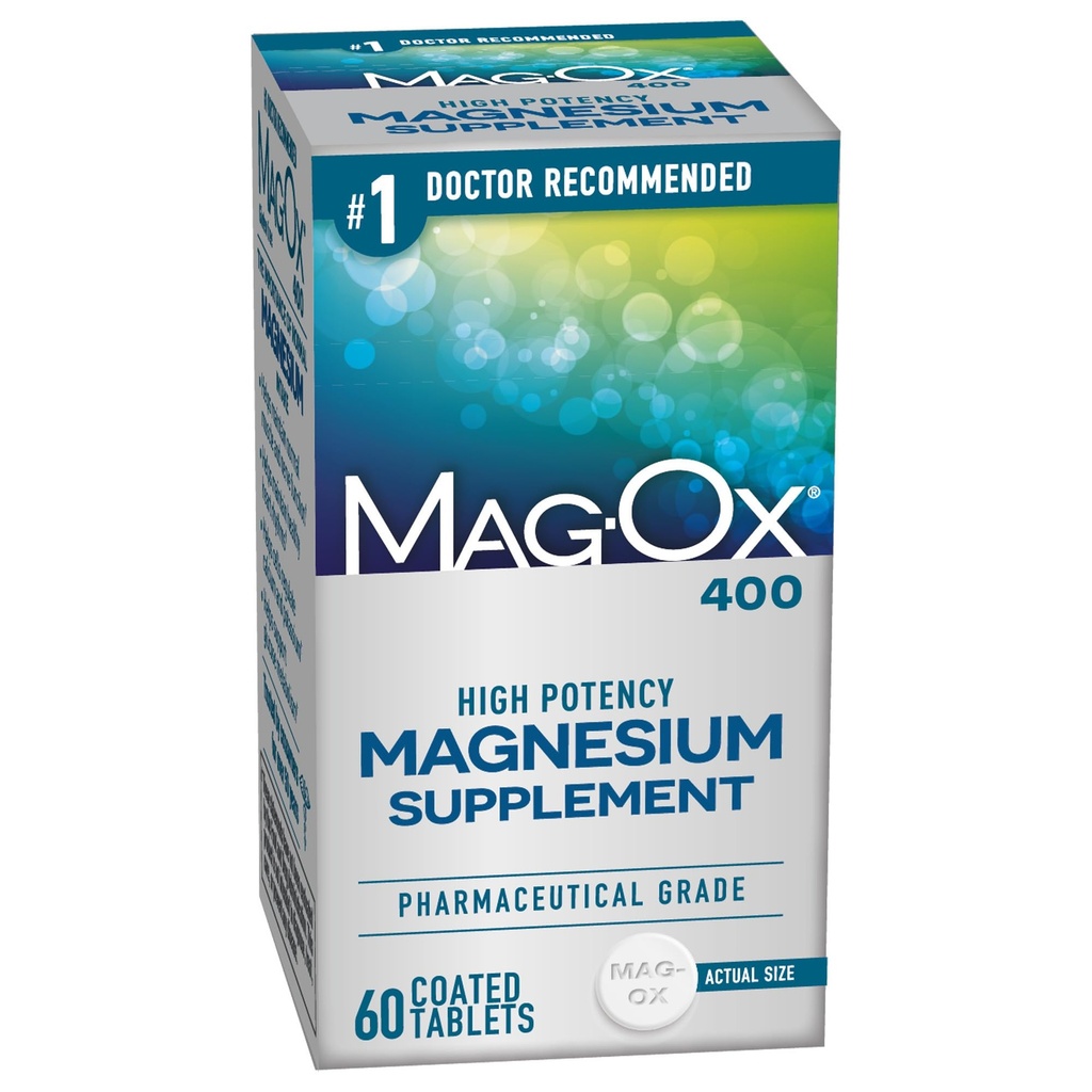 Supplément de magnésium Mag-Ox 400, oxyde de magnésium de qualité pharmaceutique avec 482 mg par dose, 60 comprimés