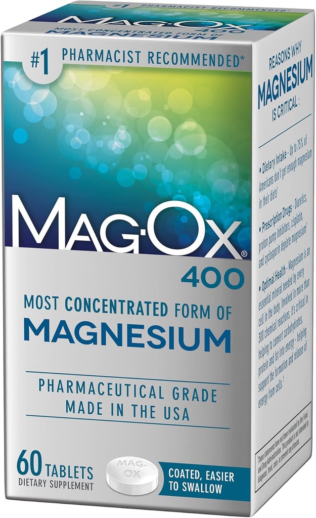 Supplément de magnésium Mag-Ox 400, oxyde de magnésium de qualité pharmaceutique avec 482 mg par dose, 60 comprimés