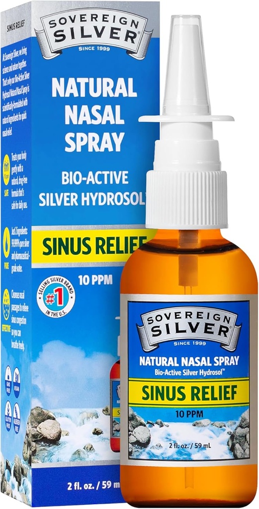 Spray nasal naturel en argent souverain - Spray nasal en argent colloïdal, Bio Active Nez Mist pour la congestion du sinus et le soutien immunitaire, adultes et enfants, 10 ppm - 2 fl oz (59mL)