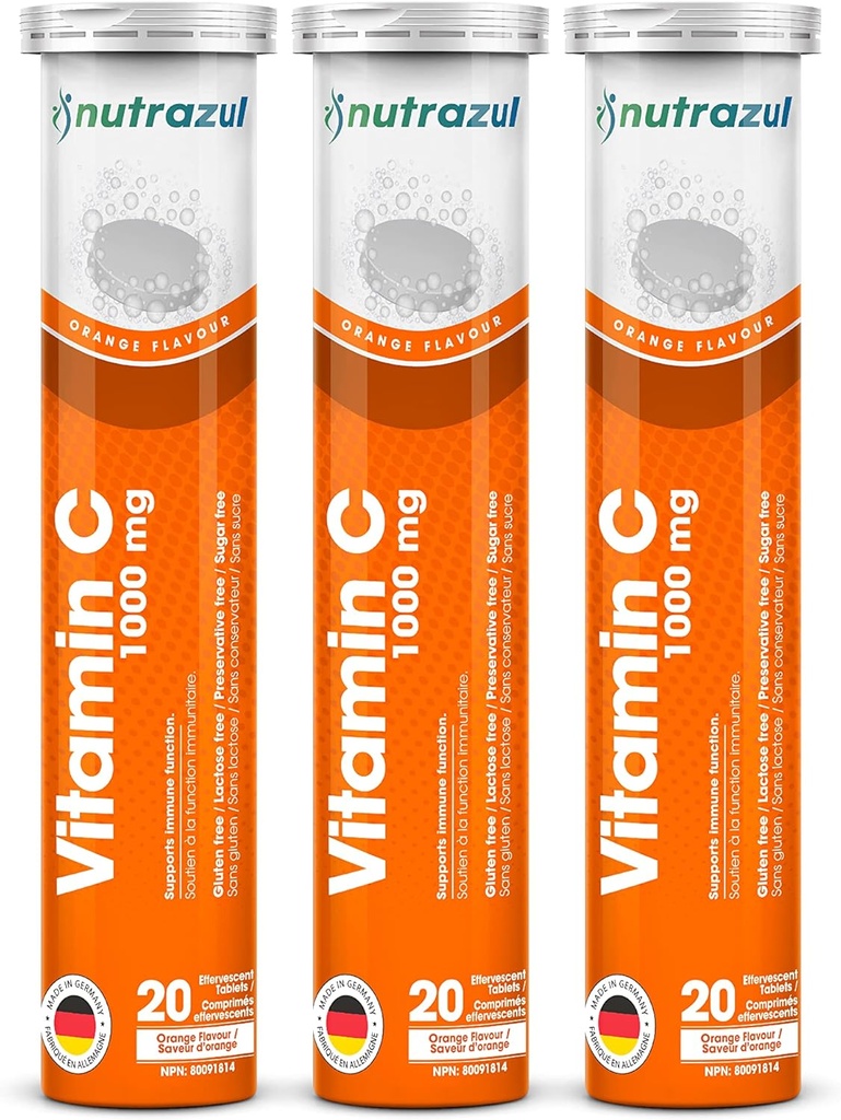 Nutrazul Vitamine C 1000 mg Comprimés effervescents- Orange 20 , (paquet de 3) , sans gluten, sans lactose, sans sucre et sans conservateur