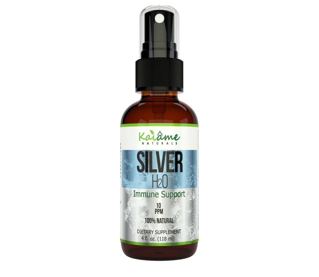 Kaiame Naturals Argent colloïdal, solution d'argent ionique, 10 PPM, grand spray de 4 oz en bouteille de verre, supplément de soutien naturel immunitaire, sans danger pour les adultes, les enfants et les animaux de compagnie