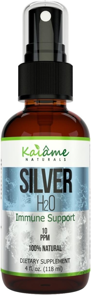 Kaiame Naturals Argent colloïdal, solution d'argent ionique, 10 PPM, grand spray de 4 oz en bouteille de verre, supplément de soutien naturel immunitaire, sans danger pour les adultes, les enfants et les animaux de compagnie