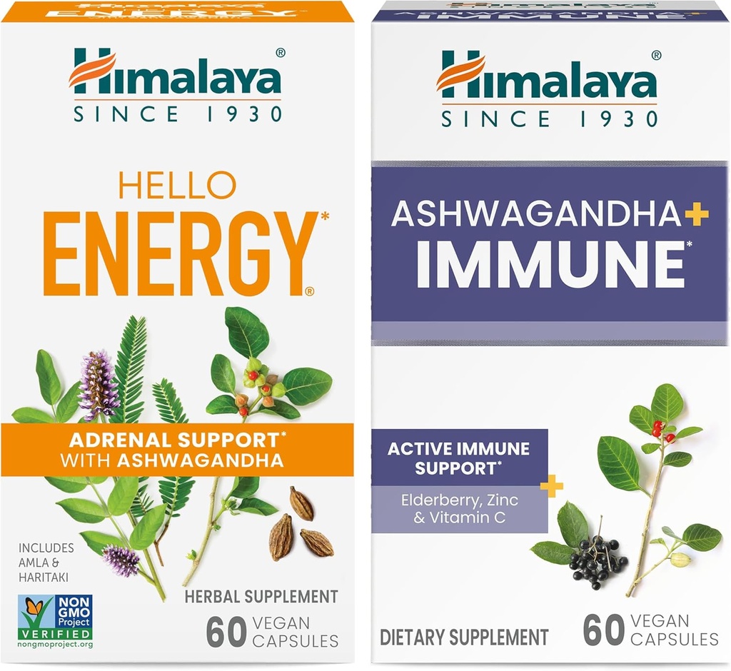 Himalaya Hello Energy avec Ashwagandha pour le support adrénal et l'énergie quotidienne et et Ashwagandha +Immune avec la vitamine C pour le support immunitaire actif, 60 capsules chacune - Bundle
