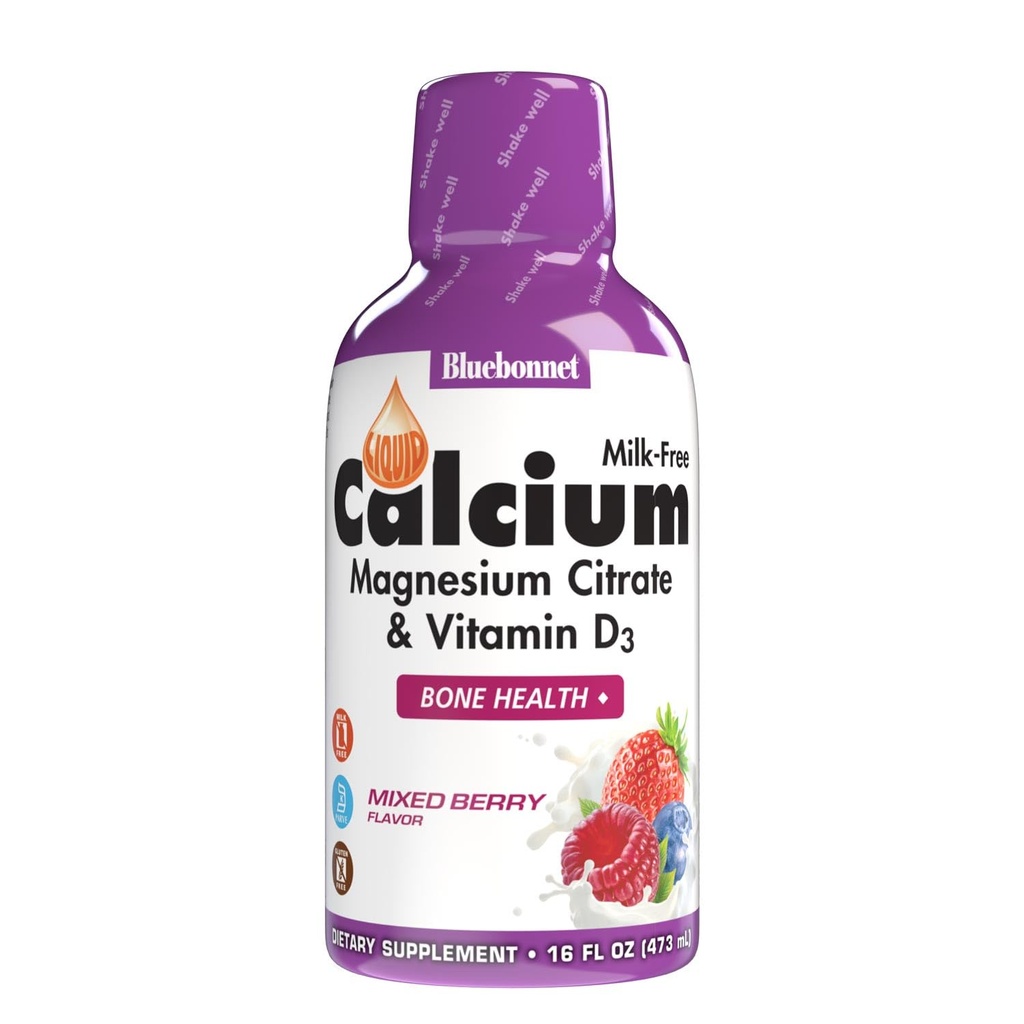 Bluebonnet Nutrition Citrate de calcium liquide, Magnésium, Vitamine D3, Santé des os, Sans gluten, Sans soja, Sans lait, Sans casher, 16 fl oz, 32 portions, saveur de baies mélangées