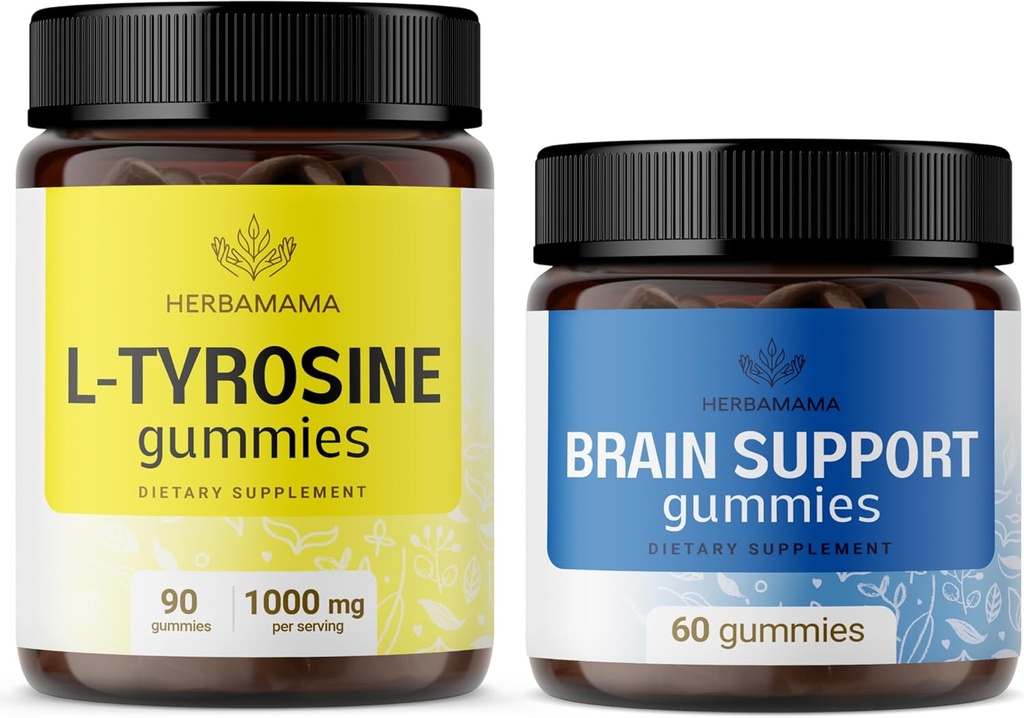 HERBAMAMA L-Tyrosine et kit de soutien du cerveau - Ensemble de 1000 mg de L-Tyrosine et complexe de soutien du cerveau - Vegan, non-OGM, sans gélatine - 2 packs