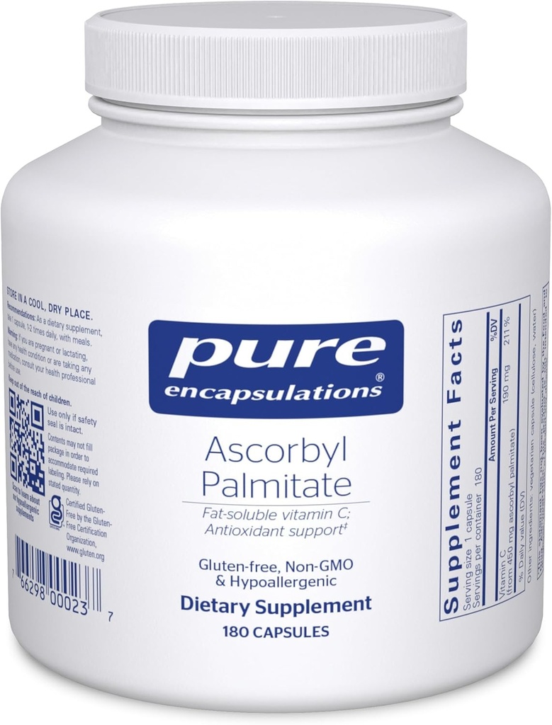 Encapsulations pures Palmitate d'Ascorbyl.com Supplément de vitamine C pour soutenir l'absorption de fer et un système immunitaire sain.