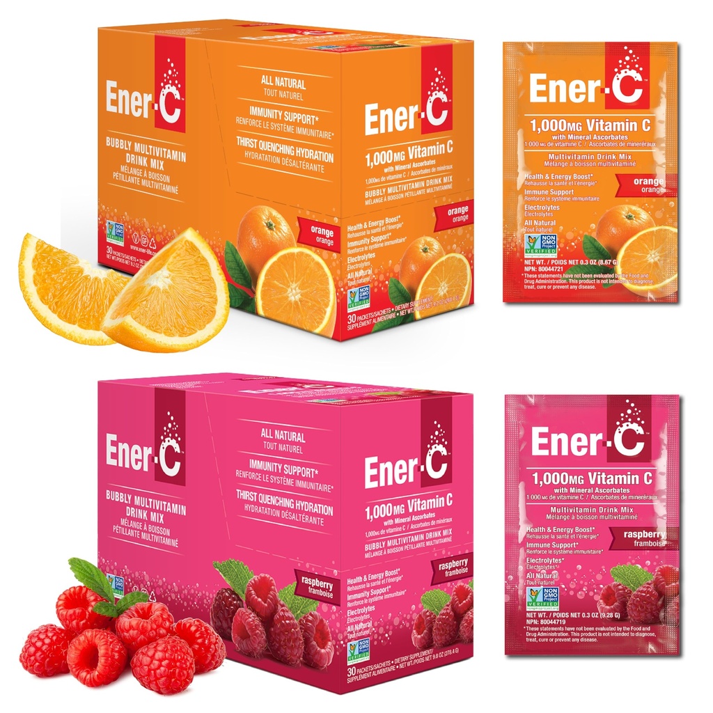 Ener-C orange et framboise Multivitamine boisson mélange de vitamine C 1000mg et électrolytes avec le jus de fruits réel énergie naturelle et le soutien immunitaire pour les femmes et les hommes - Non-OGM végétalien et sans gluten - 60 comte