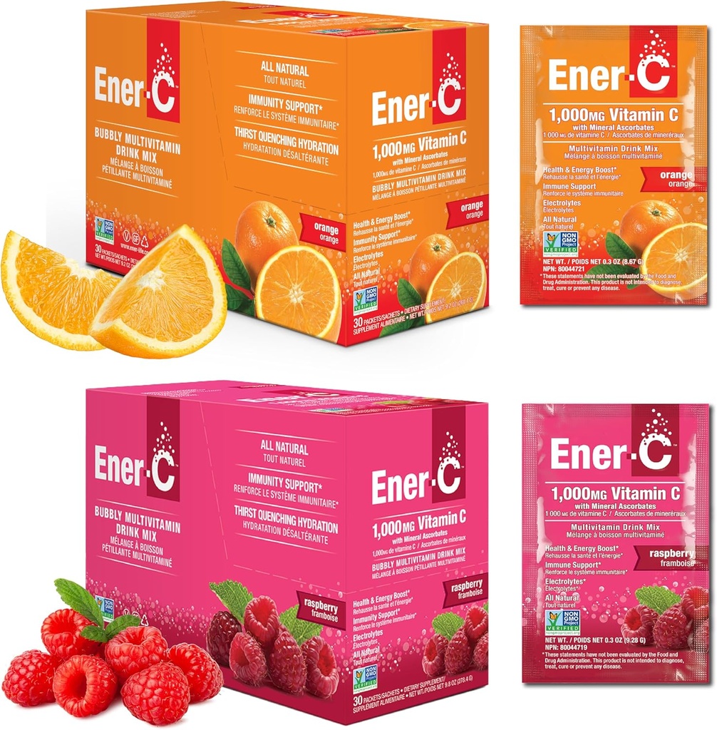 Ener-C orange et framboise Multivitamine boisson mélange de vitamine C 1000mg et électrolytes avec le jus de fruits réel énergie naturelle et le soutien immunitaire pour les femmes et les hommes - Non-OGM végétalien et sans gluten - 60 comte