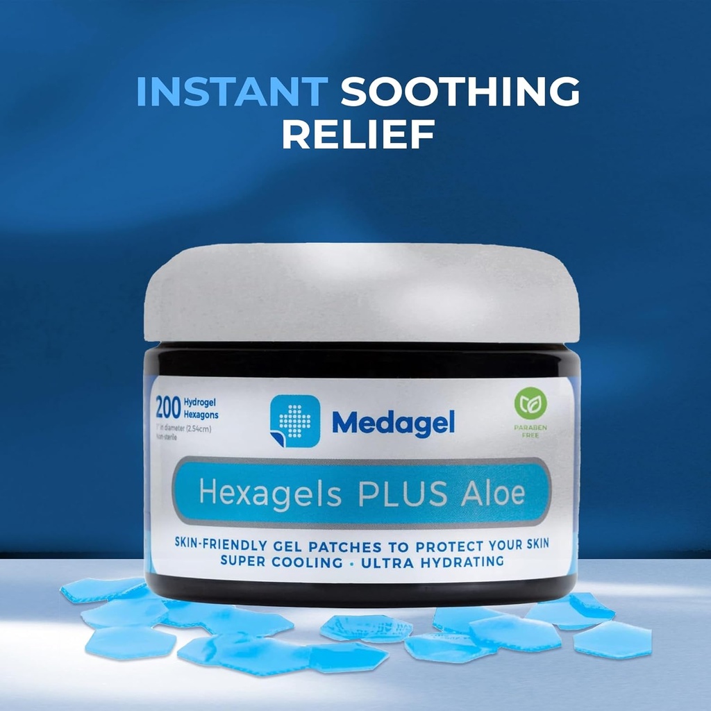 Hexagels Plus Aloe Vera - Plaquettes hydrogel de guérison avancées pour la prévention des brûlures et les soins apaisants - Protection des pieds, des talons, des orteils et des chevilles, pack de 200, 1 pouce, par Medagel, sans paraben