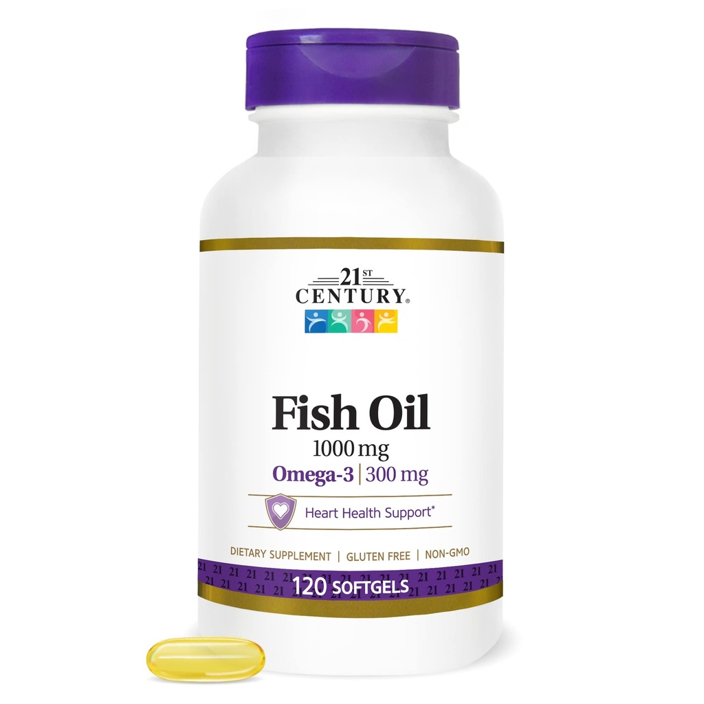 Huile de poisson du 21e siècle 1000 mg de softgels, (300 comte), Distillé moléculairement, supplément Oméga 3 avec EPA et DHA, purifié pour éliminer le mercure, soutient la santé cardiovasculaire, sans gluten et sans OGM
