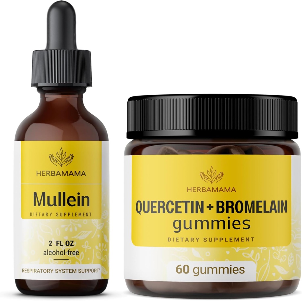 HERBAMAMA Trousse d'extrait de feuilles de Mullein et de gommes à quercétine - Ensemble de gouttes de feuilles de Mullein 2 fl oz et 800 mg de quercétine avec des gommes à bromelain - Vegan, non-OGM, sans alcool - 2 boîtes