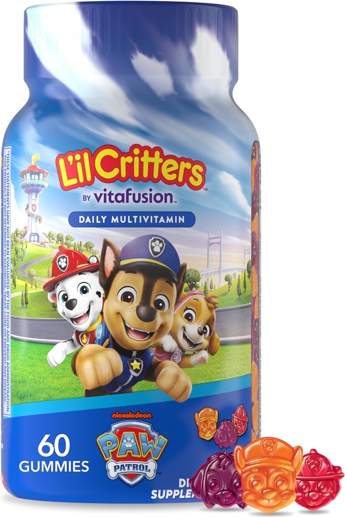 L’il Critters Paw Patrol Gummy Vites Daily Gummy Multivitamin for Kids, Vitamin C, D3 for Immune Support Cherry, Orange and Blueberry Flavors, 60 Gummies