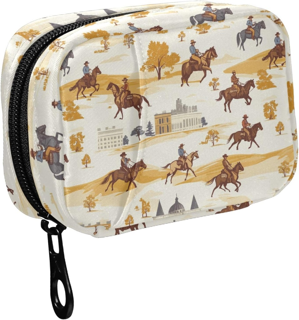 Fustylead Cowboy Riding Horse and Building Pill Organizer for Purse, Weekly Portable Pill Box with Zipper to Storage Vitamines Huiles de poisson Médicaments Suppléments