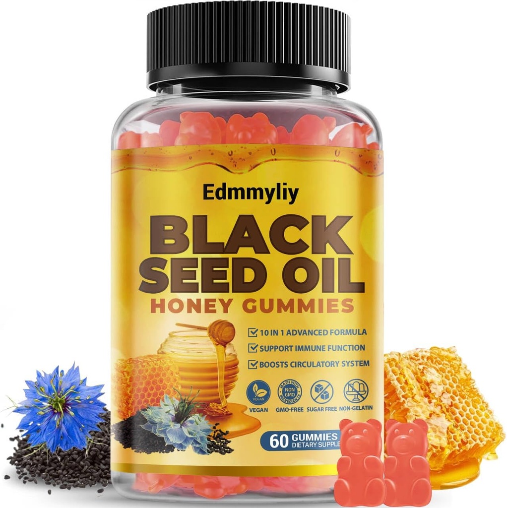 Huile de graines noires et Gommies de miel - Huile de graines noires 500mg avec biotine, extrait d'Ashwagandha, extrait de curcuma, vitamine C et B6 - supporte l'immuno & digestion