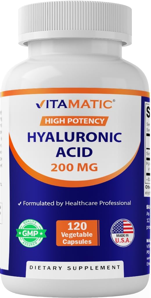Suppléments à l'acide hyaluronique vitamatique 200mg - Soutient des tissus et des articulations conjonctifs sains - Promouvoir la peau saine jeune - 120 Capsules