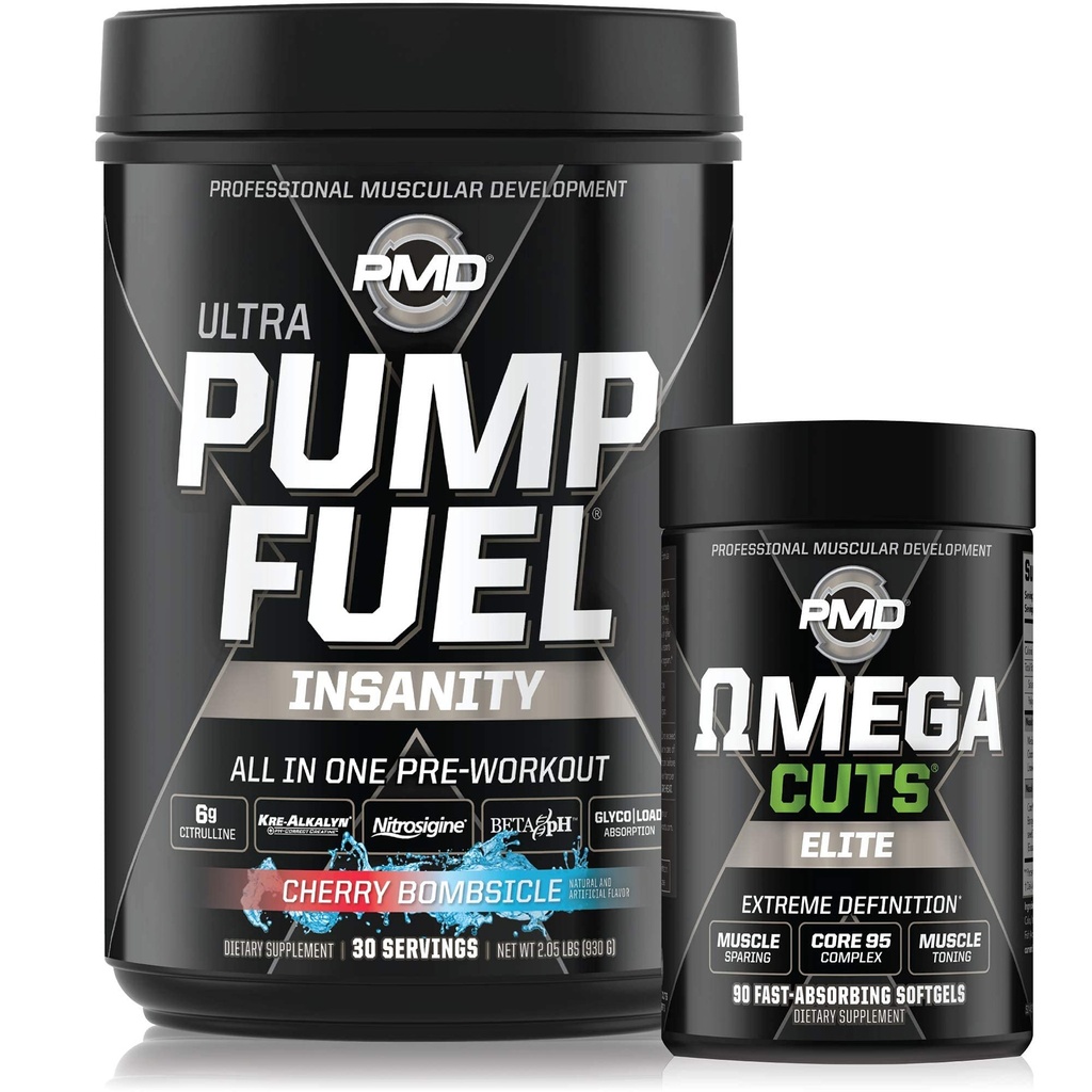 PMD Sports Ultra Pompe Fuel Insanité - Préentraînement - Cerise Bombsicule (30 portions) Sports Omega coupe Elite Thermogen Fat Burner (90 Softgels)