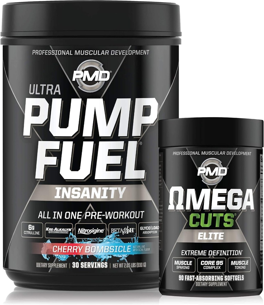 PMD Sports Ultra Pump Fuel Insanity - Pre Workout - Cherry Bombsicle (30 Servings) Sports Omega Cuts Elite Thermogenic Fat Burner (90 Softgels)