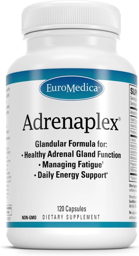 EuroMedica Adrénaplex - Supplément Fonction Gland Adrénal - Supplément Soutien Glandulaire avec Vitamines C & B6 - Soutient Fonction Adrénale Santé - Tenir hors de portée des enfants - 120 Capsules