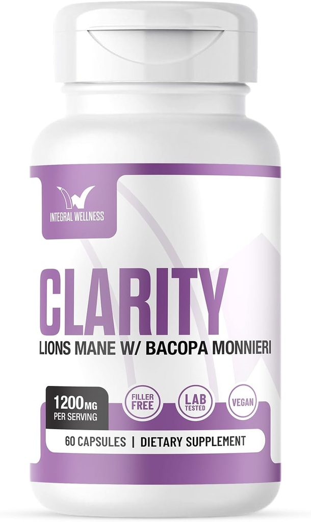 Clarté : Lions Mane + Bacopa - 3e partie testée, sans remplissage, dosée cliniquement, 60 comtes (paquet de 1)