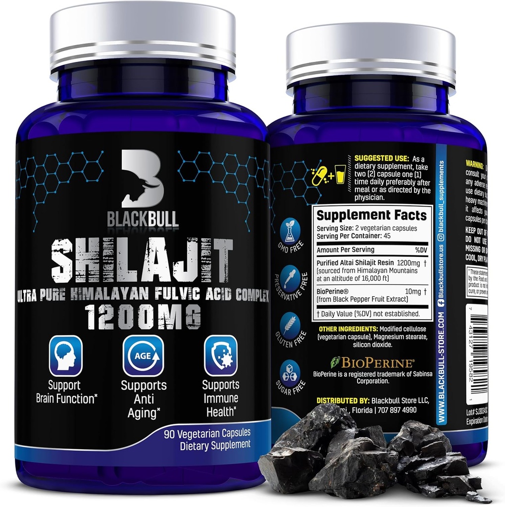 Blackbull Shilajit Pure Himalayan Capsules Organiques - Resine Naturelle Shilajit Organique avec Supplément Acid Fulvic 20%, Santé du Cerveau, Vieillissement Immmune Support - Pure Himalayan Shilajit