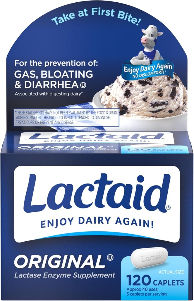 Lactaid Force originale Pilules d'intolérance à la lactose, 9000 Caplets de soulagement laitiers enzymatiques à la lactase naturelle de FAC, aide à prévenir le gaz, le bluff et la diarrhée en raison de la sensibilité à la lactose chez les adultes et les enfants, 120 Nombre