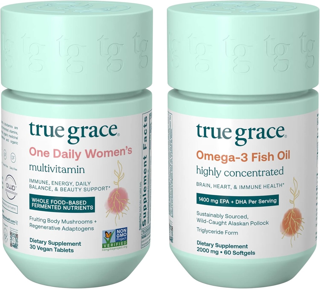 True Grace One Daily Femmes , Multivitamine (30 comprimés végétaliens) et Oméga-3 Huile de poisson (60 softgels) - Sans gluten, sans soja, biologique - 30 jours d'approvisionnement de chaque