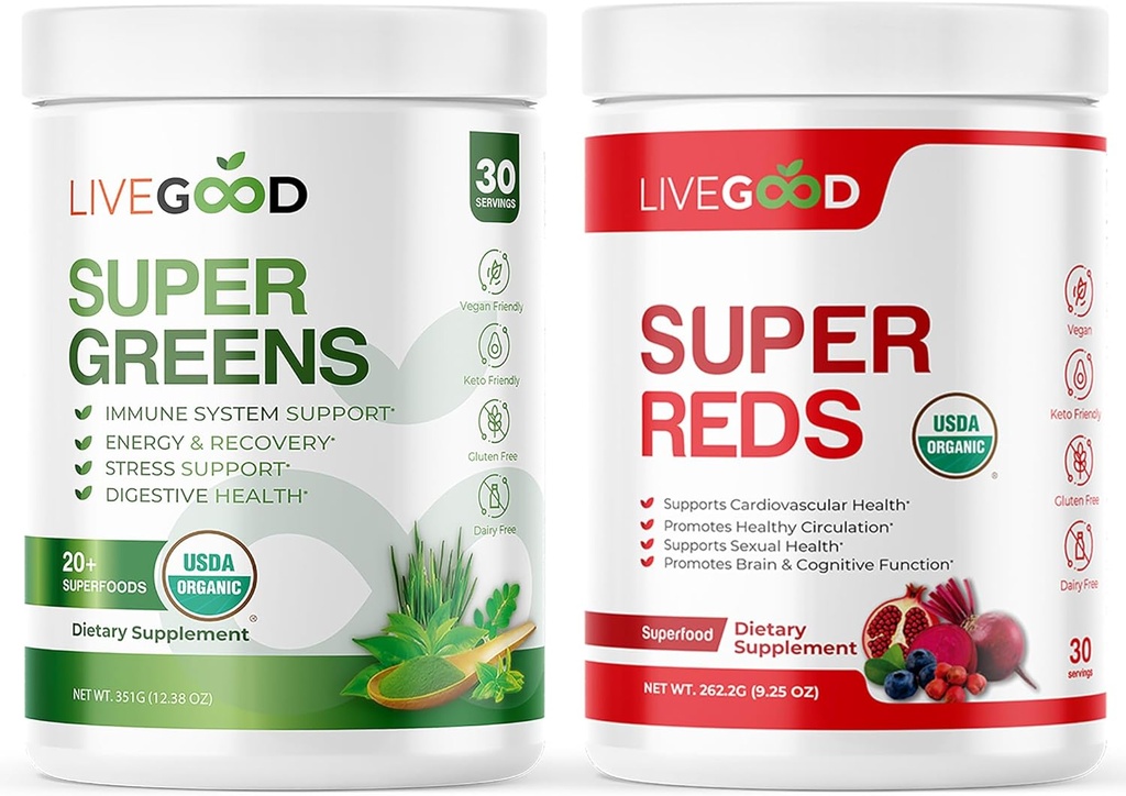 LIVEGOODTM Bio Super Greens & Super Reds Bundle avec du blé, de l'orge, du thé vert Matcha, de l'aloès, de la racine de betterave, de la grenade, du végétal, sans gluten