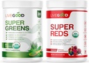 LIVEGOODTM Bio Super Greens & Super Reds Bundle avec du blé, de l'orge, du thé vert Matcha, de l'aloès, de la racine de betterave, de la grenade, du végétal, sans gluten