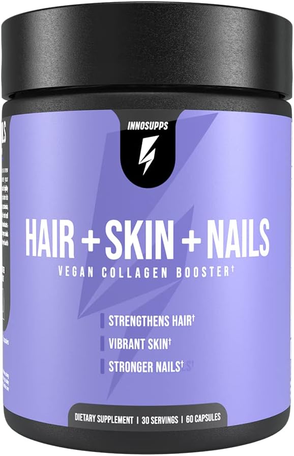 InnoSupps Hair + Skin + Nails Supplement | Vegan Collagen Booster | Biotin, B12, Horsetail Herb Powder | Stimulate Hair Growth, Revitalize Skin, Strengthen Nails | 60 Capsules