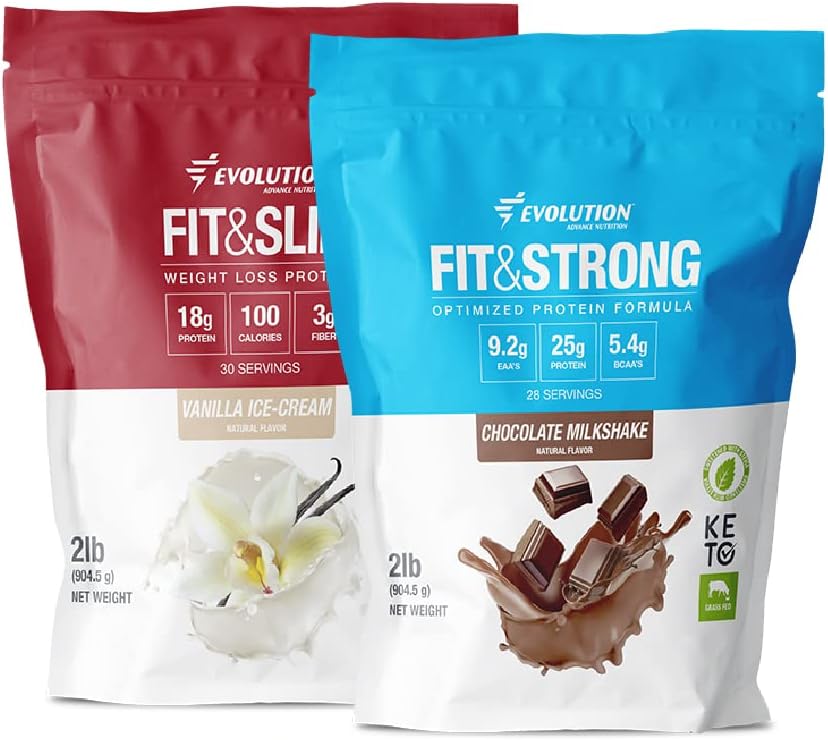 Evolution Advance Nutrition Grass Fed 100% Whey Protein Powder + Fit & Slim avec Glucomannan, Inulin Fibre – Haute Fibre, Haute Protéine, Pure, Keto Approuvé, Non OGM, Stevia Sweetened – 2 Pack