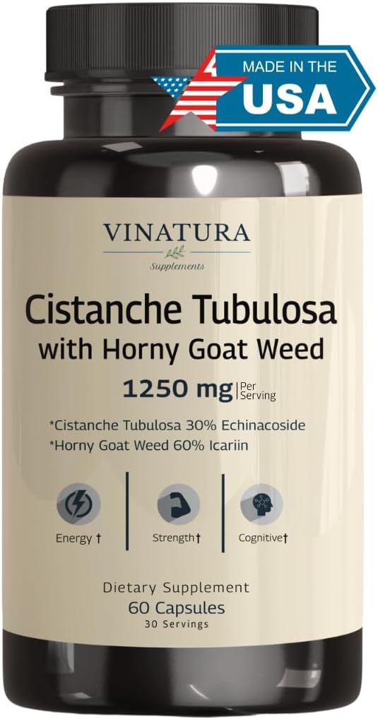 VINATURA Cistanche avec herbe de chèvre horny 60% Icariin - 1250mg par portion, Tubulose Cistanche, Supplément Cistanche Hommes, Énergie, Force Cognitive *USA Fabriqué et testé* - 60 Capsules 30 portions