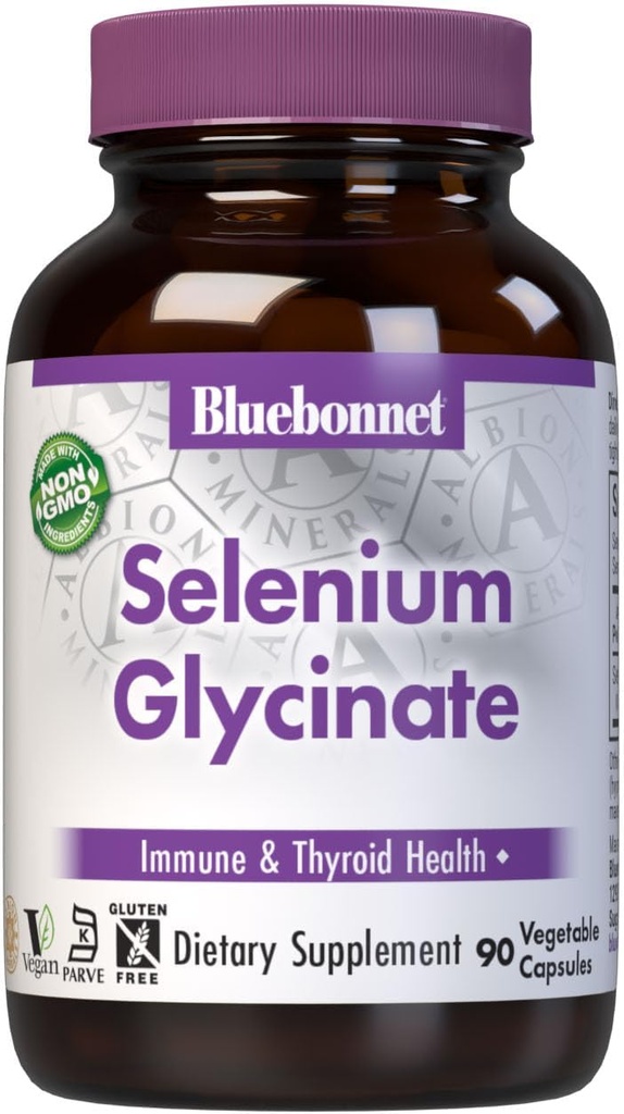 Bluebonnet Nutrition Albion Sélénium Glycinate, santé immunitaire*, santé thyroïdienne*, sans soja, sans gluten, non-OGM, certifié Casher, sans lait, végétalien, 90 capsules végétales, 90 portions