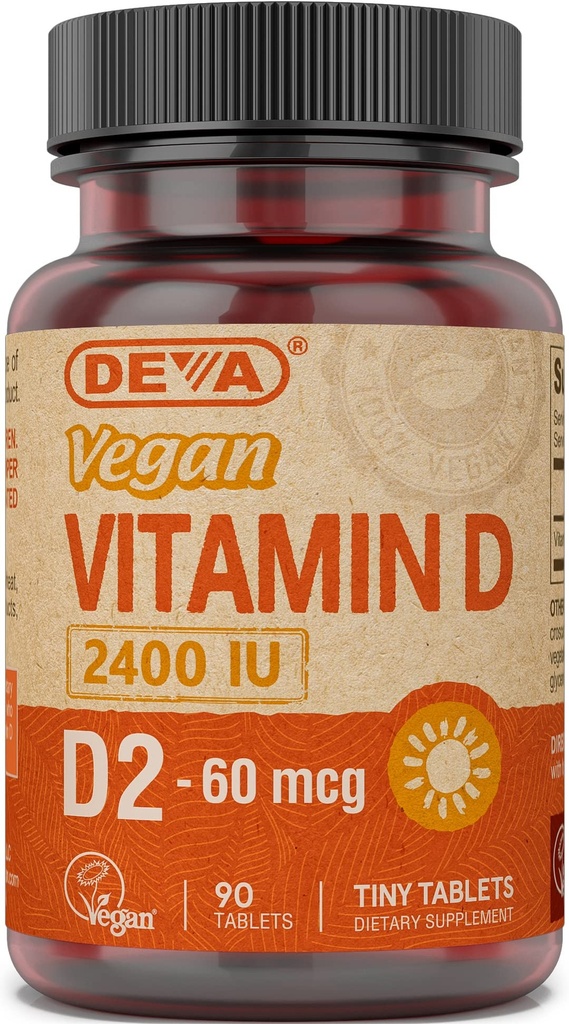 DEVA Vitamine végétale D2 60 mcg 2400 UI, supplément d'ergocalciférol sans ingrédients animaux, 90 comprimés, 1 emballage