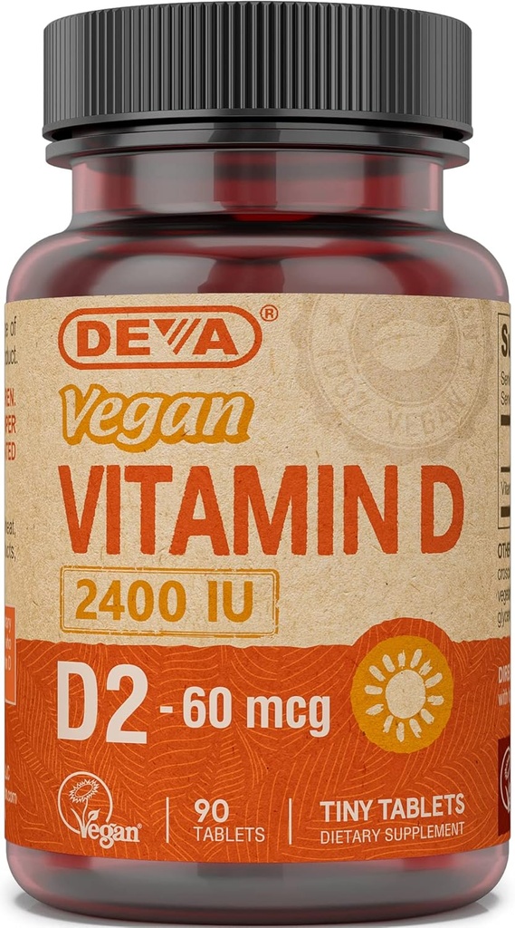 DEVA Vitamine végétale D2 60 mcg 2400 UI, supplément d'ergocalciférol sans ingrédients animaux, 90 comprimés, 1 emballage