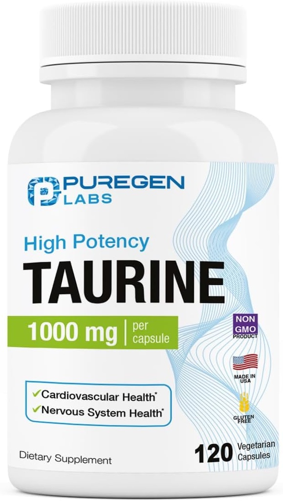 Puregen Labs Taurine 1000mg [High Potency] 120 Capsules de Vég.